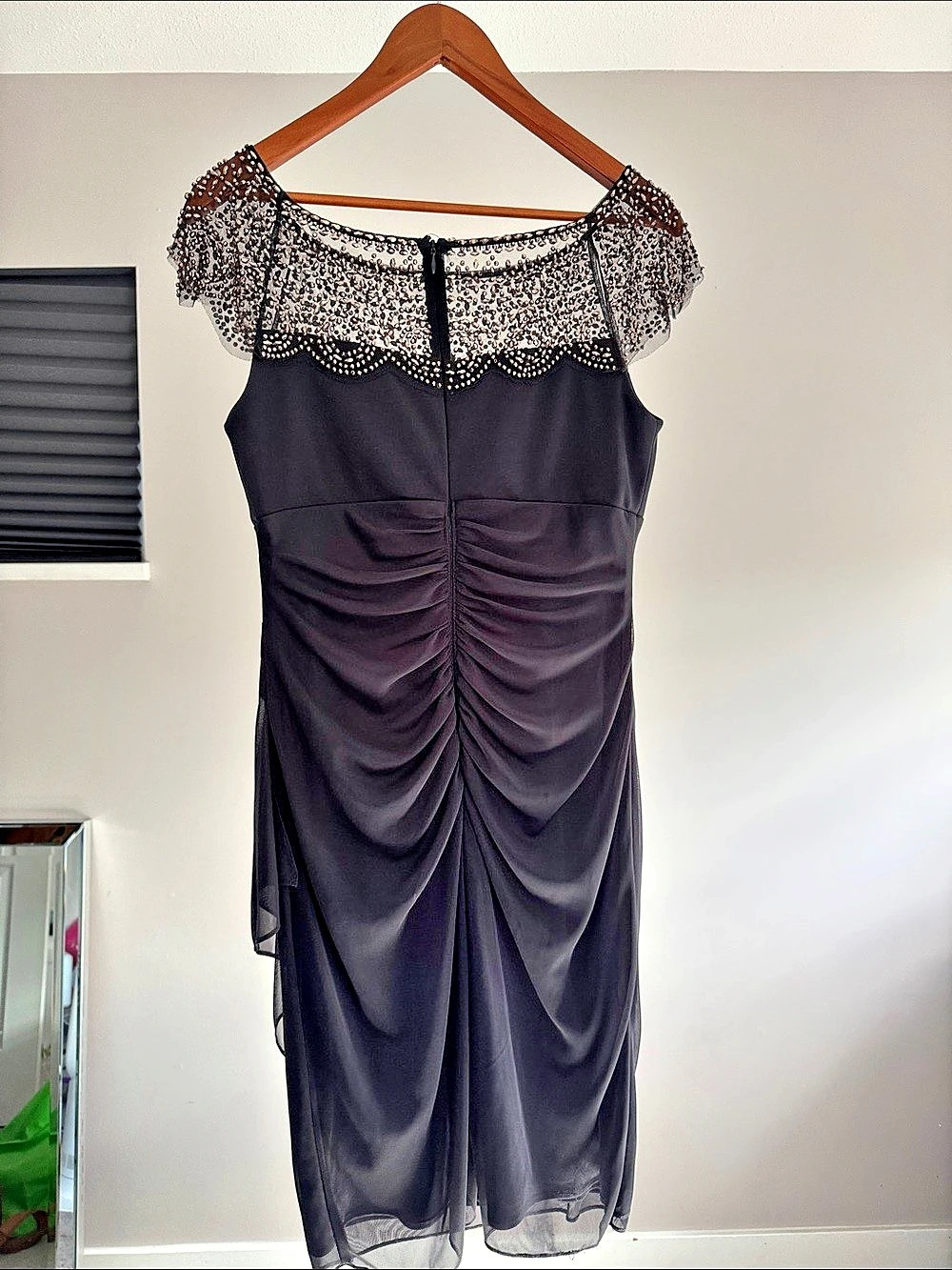 Le Chateau Navy Blue Lace Overlay Ruched Midi Dress Size 10